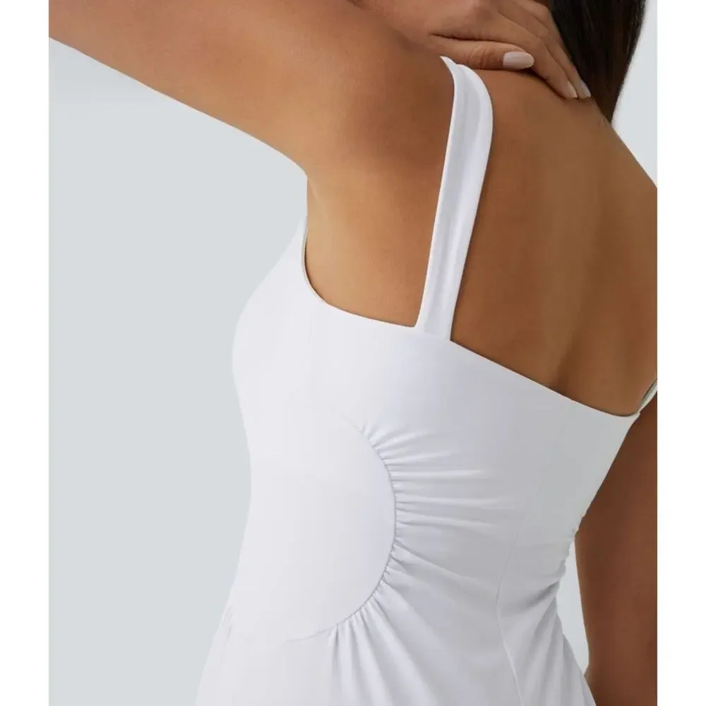 Halara Square Neck Ruched Split Midi Cool Touch Dress in White Size Large - Picture 5 of 16